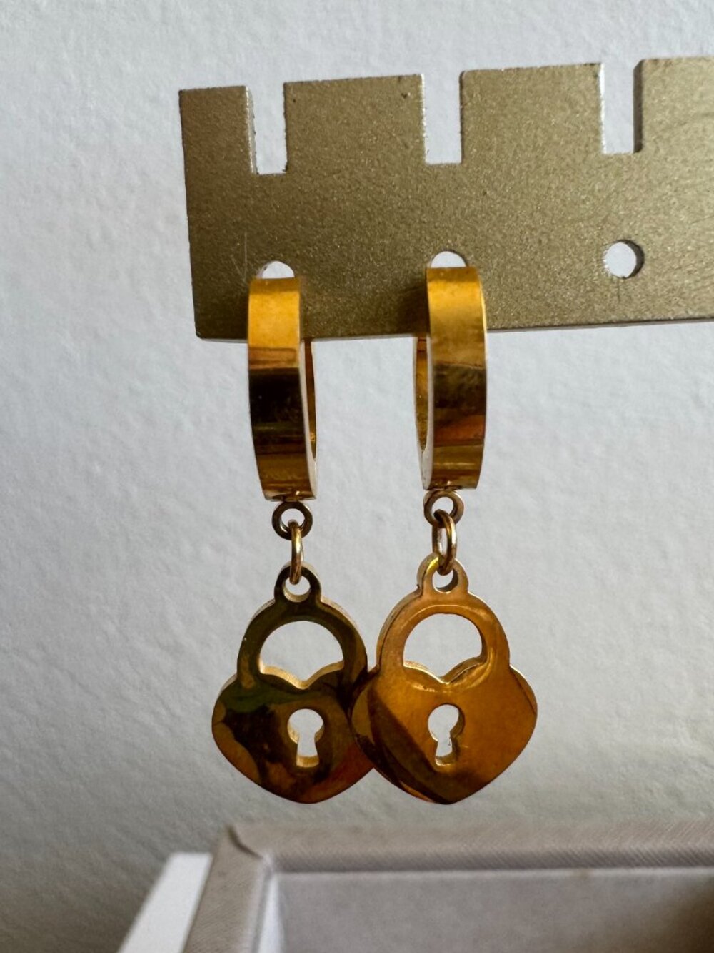 Gold Tone Heart Lock Dangle Hoop Earrings Stainless Steel - Picture 2 of 3
